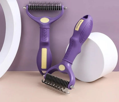 Purple plastic double-sided pet comb for removing knots and tangles from dog and cat fur