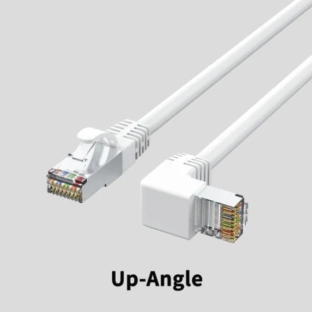 Black Cat6 Ethernet cable with a right-angled metal RJ45 connector, showing the 90-degree bend and cable length.