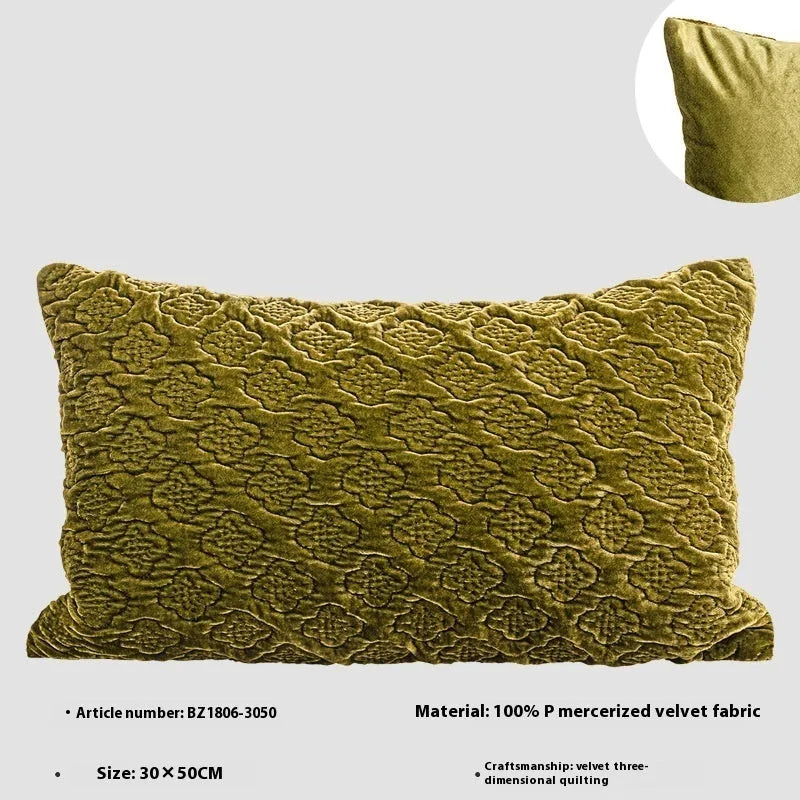Brown gold antique style quilted cushion pillow showing three-dimensional quilting pattern and feather velvet filler