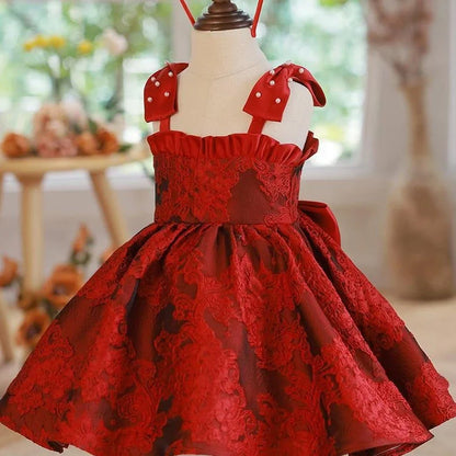 Red princess-style braces skirt for girls with adjustable straps on hanger
