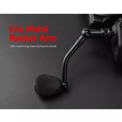 Full metal fishing reel in black with interchangeable handle for left or right hand use