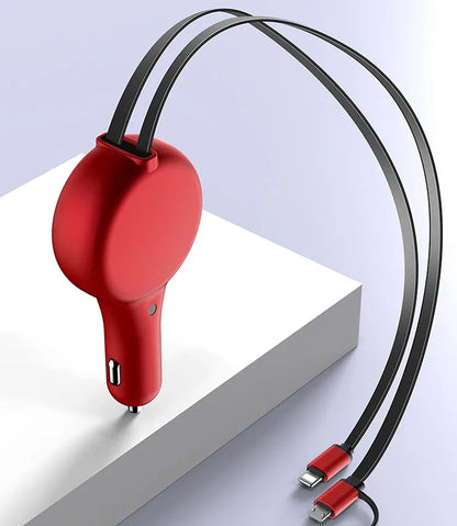 Black retractable car charger with extended cables showing three charging heads for Type-C, iPhone, and USB devices