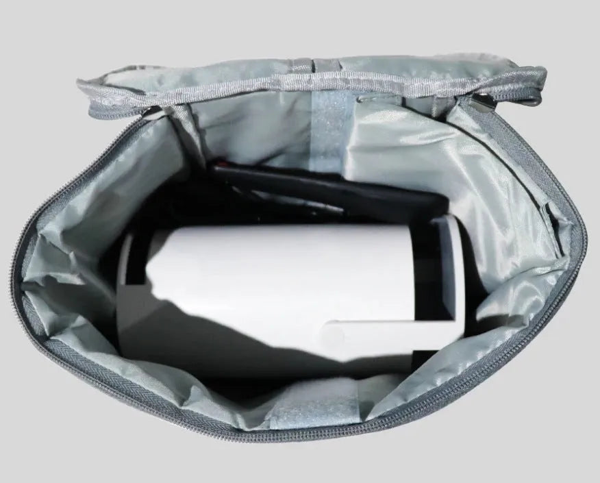 Grey Oxford cloth HY300 projector storage bag, 230x135x195mm, crossbody carry case with curved shoulder strap and lock