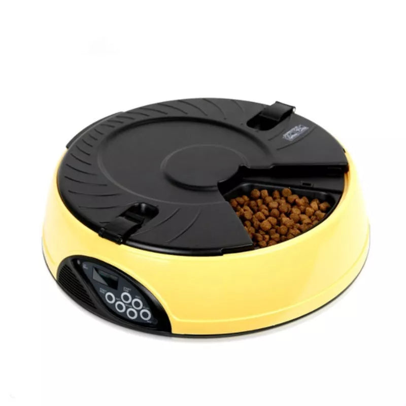 Automatic pet feeder with 6 food storage slots and voice recording feature