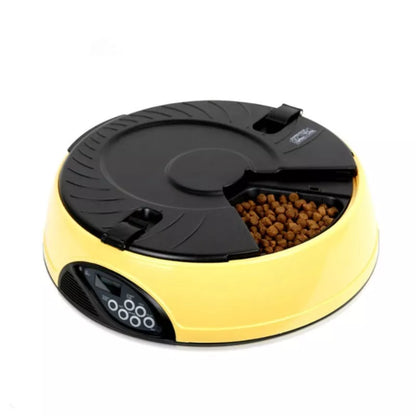 Automatic pet feeder with 6 food storage slots and voice recording feature
