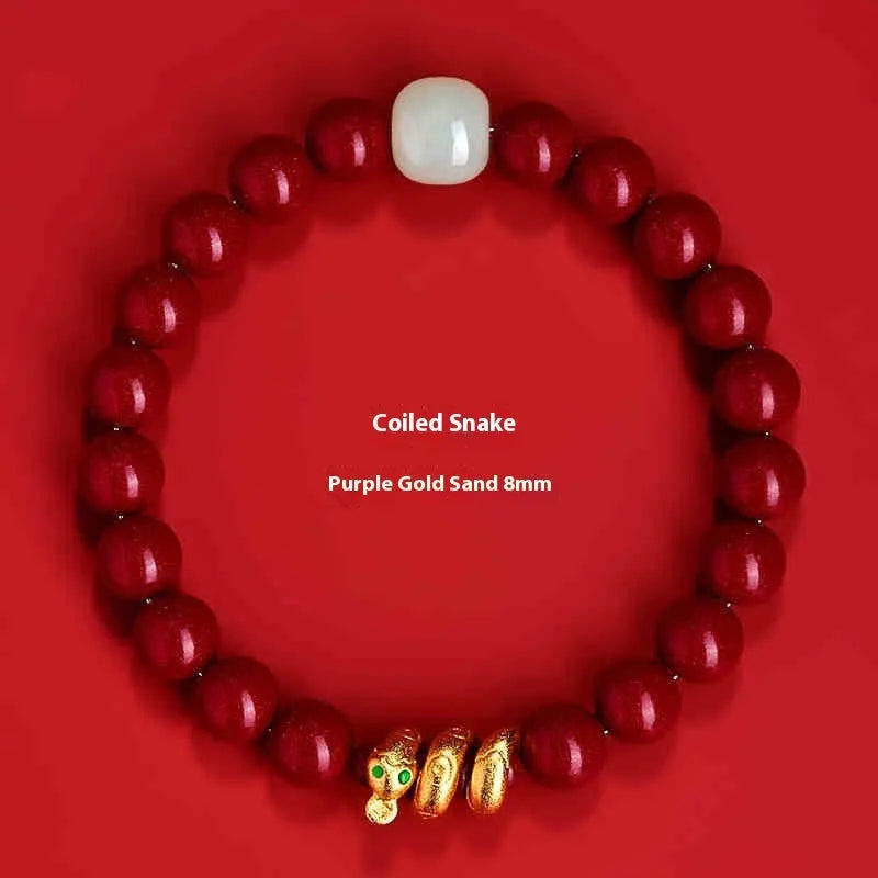 Traditional Chinese cinnabar snake year zodiac bracelet with handcrafted beads