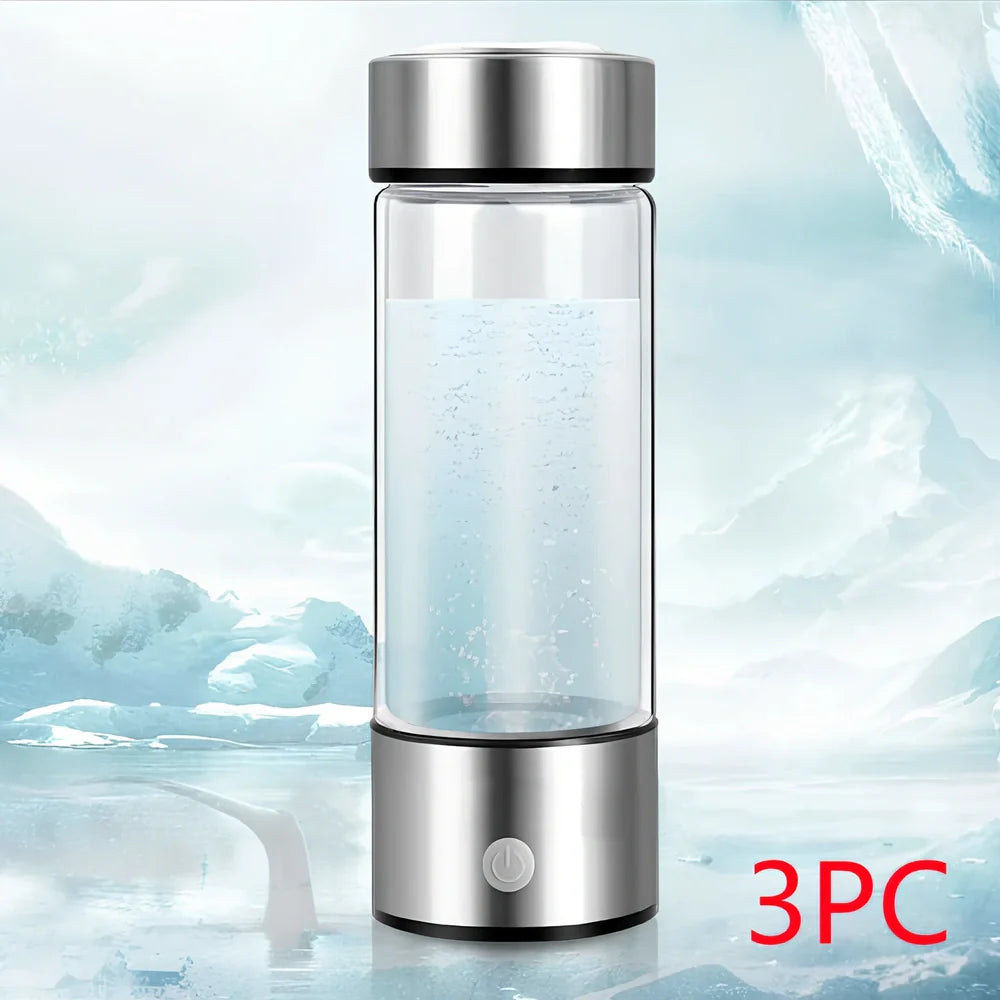 Portable hydrogen water cup in silver with borosilicate glass, showing electrolysis bubbles and romatic light, 3-minute generation