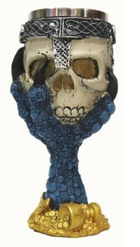 Chilling skull-themed wine goblet with a 3D skull design, made from premium resin and stainless steel for long-lasting durability and visual impact.