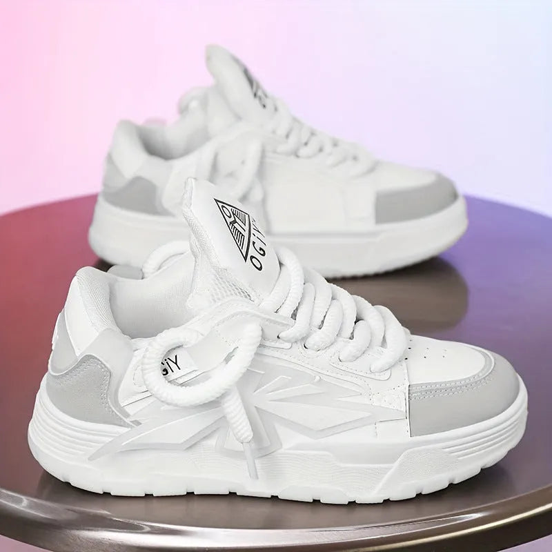 Men's white clunky sneakers with cartoon totem patterns, low-top design, and rubber soles for casual leisure wear
