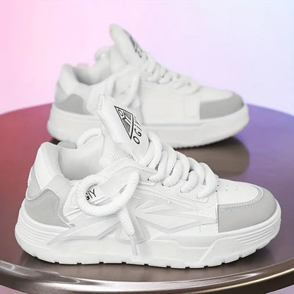 Men's white clunky sneakers with cartoon totem patterns, low-top design, and rubber soles for casual leisure wear