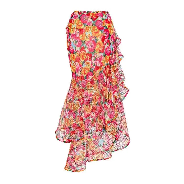 Women's floral print push-up bikini set with high-waist briefs and matching swimsuit skirt