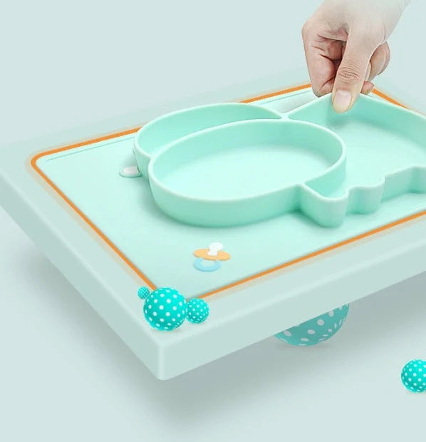 Green silicone baby bowl with suction base and crab cartoon design, 28cm diameter