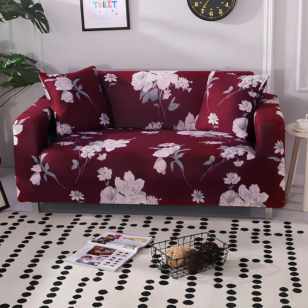 Printed geometric pattern sofa cover on double seat sofa measuring 145-185cm with spill protection