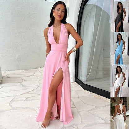 Backless halter neck maxi dress in various colors, featuring a thigh-high slit and comfortable polyester fabric