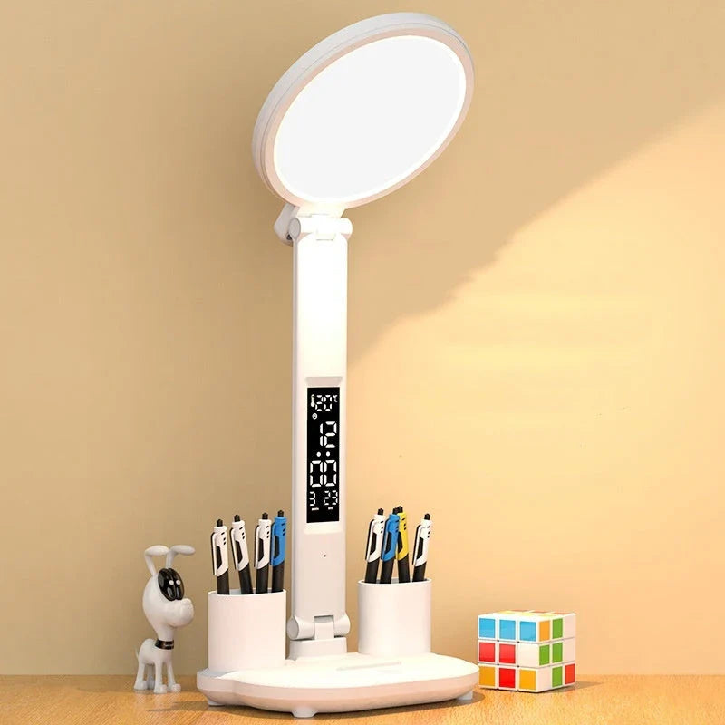 A multifunctional desk lamp with a built-in clock, adjustable brightness, and USB charging capabilities for convenient use in the home or office.