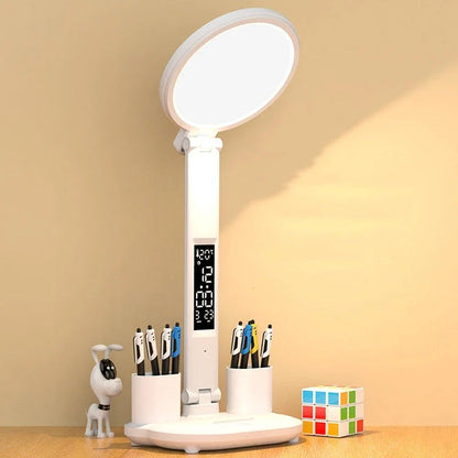 A multifunctional desk lamp with a built-in clock, adjustable brightness, and USB charging capabilities for convenient use in the home or office.