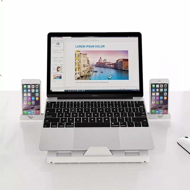 Adjustable aluminum alloy laptop stand with cooling feature and phone holders