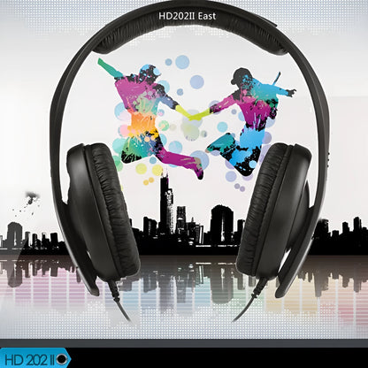 Black head-mounted stereo headphones with microphone and 3.5mm plug