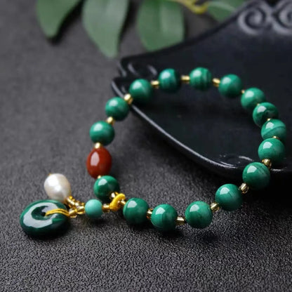 Natural green malachite and red agate barrel bead bracelet for men and women.