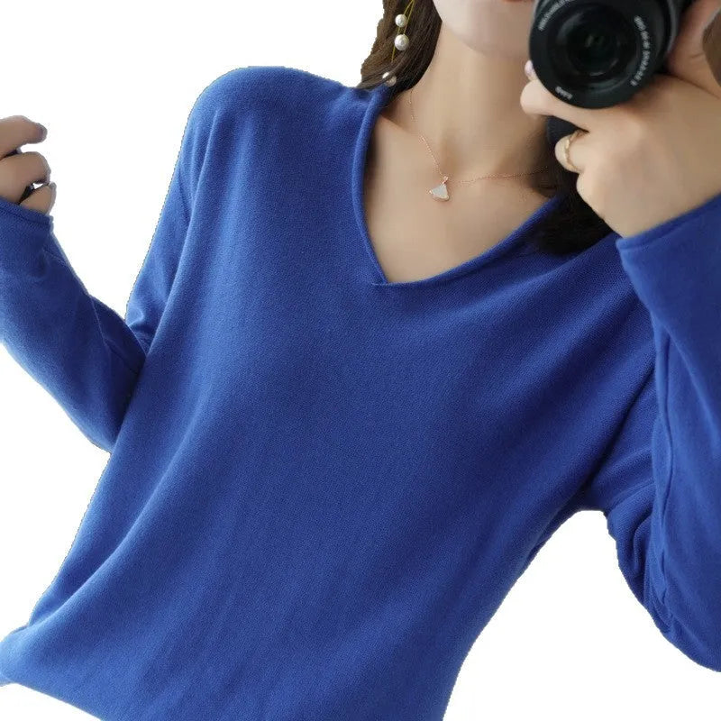 Women's V-neck long sleeve knitwear top in multiple colours with non-ironing fabric
