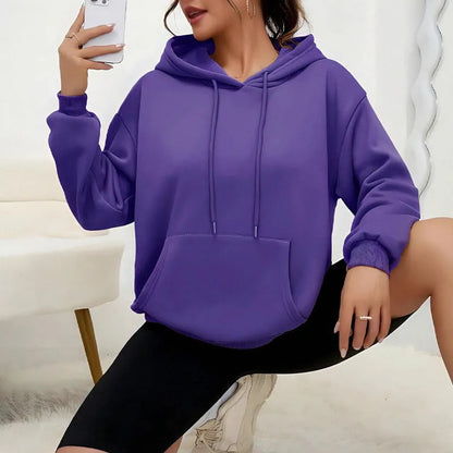 Women's loose grey sweatshirt with drawstring neck and front pocket, long sleeves, available in 17 colours