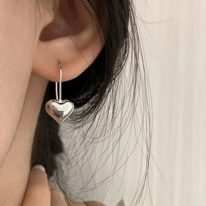 Heart-shaped copper earrings with glossy finish and ear hooks, Korean style design with love elements