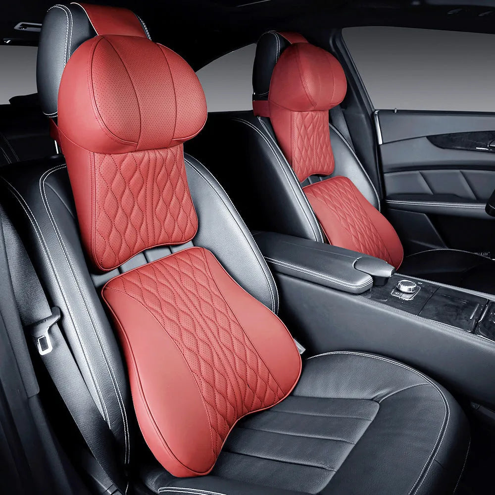 Car neck pillow and lumbar support set in leather-embossed polyester with wavy pattern design