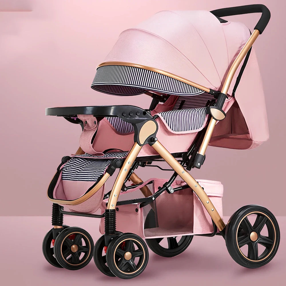 Baby stroller gift box in local gold frame with khaki blended fabric and 20cm rubber rear wheels for newborn use
