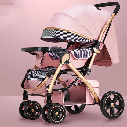 Baby stroller gift box in local gold frame with khaki blended fabric and 20cm rubber rear wheels for newborn use