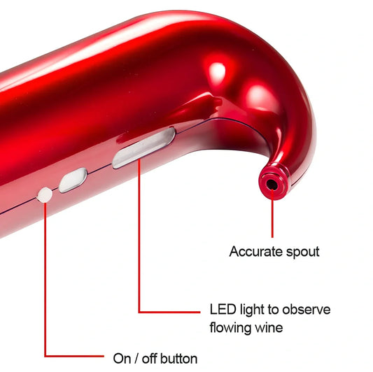 Black electronic wine aerator attached to red wine bottle, showing aeration pour in action, 24cm height device