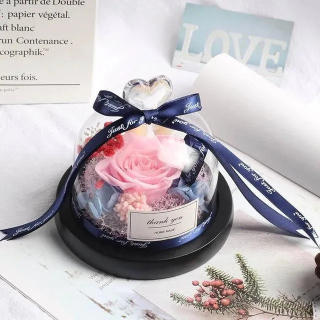 LED eternal real rose preserved in a glass dome home decor with colour options.