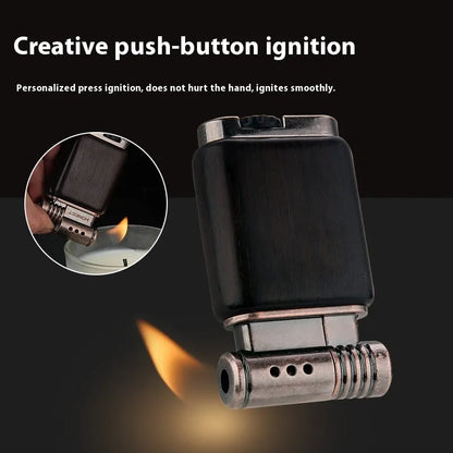 Ebony gas lighter with decorative rosewood and red wood carved panels