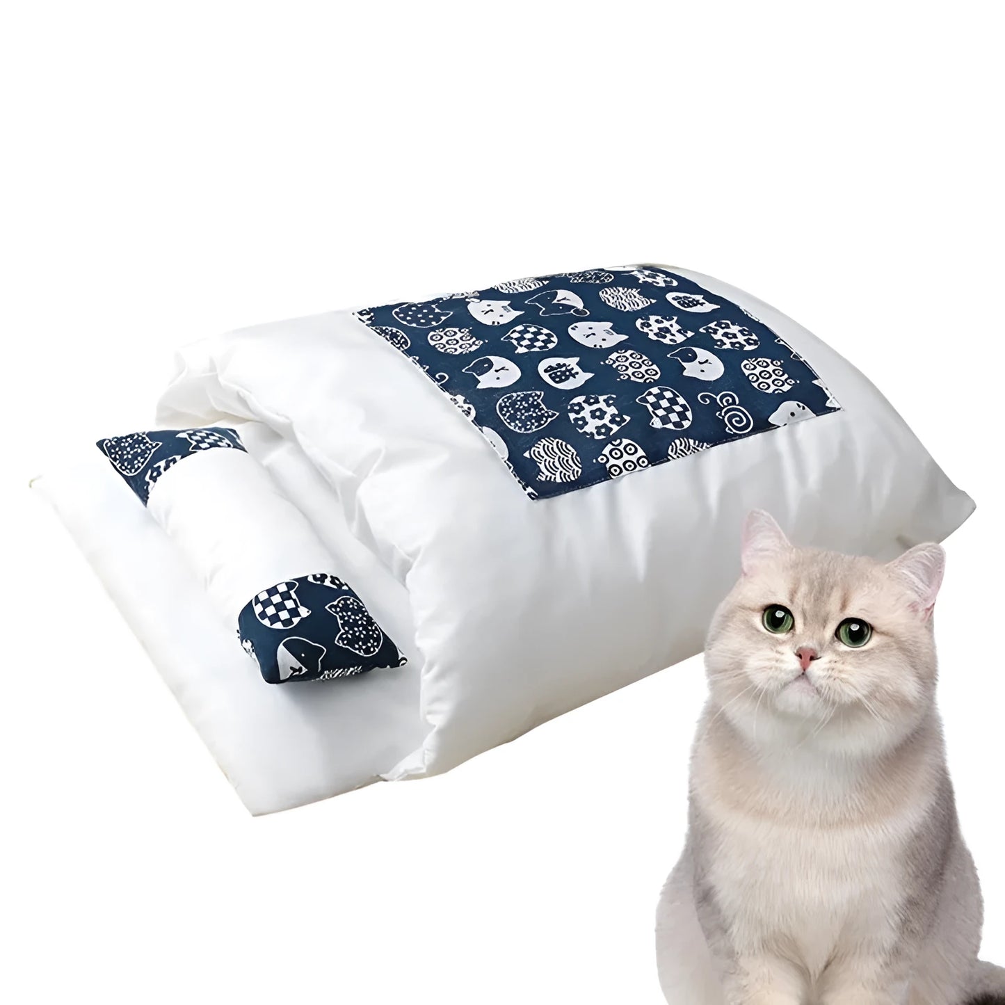 Removable winter sleeping bag bed for cats and dogs with pillow, shown in multiple sizes.