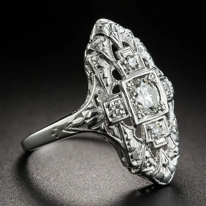 Hollow geometric ring with diamond-studded design in electroplated silver finish