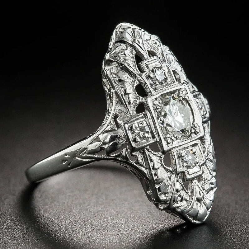Hollow out copper electroplated ring with diamond-studded geometric design available in silver colour and unisex sizes 6 through 10 featuring hollow construction and alloy base material
