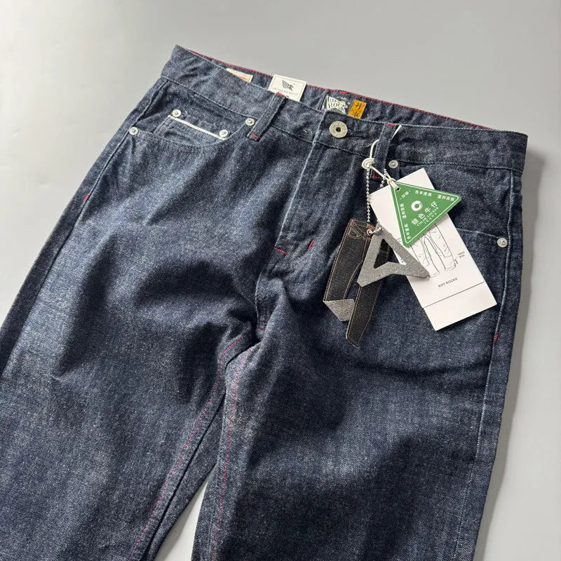 Men's straight-leg denim trousers in primary colour with mid-waist design and 100% cotton fabric