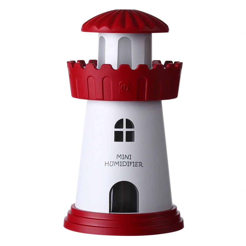 Lighthouse Humidifier with USB night light in five colors: green, pink, blue, red, gray