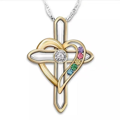 Men's Cross Love colorful imitation gemstone pendant alloy clavicle chain with adjustable length