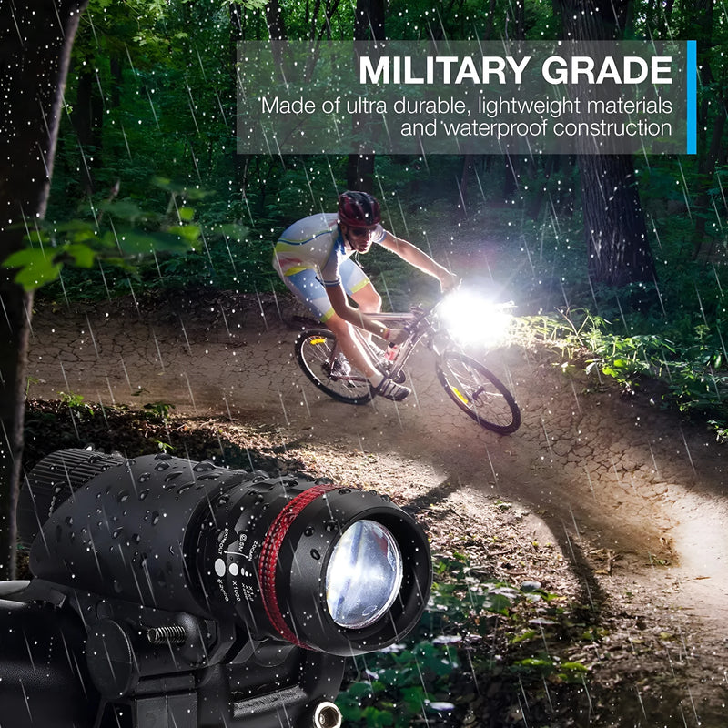 Bicycle headlights and taillights set with bracket for enhanced visibility: includes 1 front light, 1 rear light, and mounting hardware for secure attachment to handlebars and seat posts.