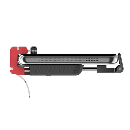 Black mobile gaming phone bracket with an adjustable trigger button and telescopic fixing clip extended.
