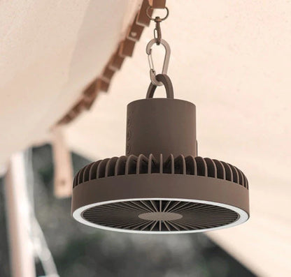 Versatile USB Rechargeable Camping Fan with Tripod Stand and Lantern, offering a premium aluminum alloy construction, 3-in-1 design, and powerful brushless motor for a refreshing outdoor experience.