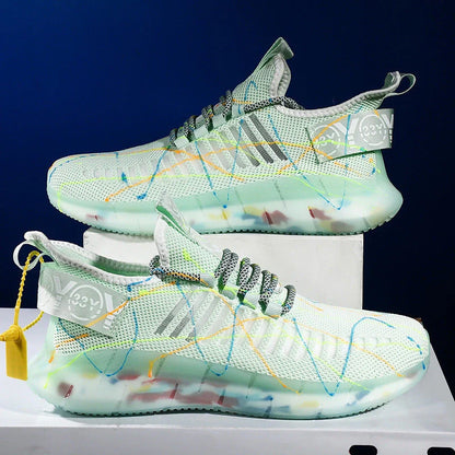 Men's luminous casual shoes with flying weave upper in white, black, and apple green