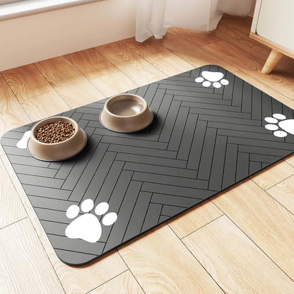 Diatomite pet floor mat in blue colour under pet feeding bowls showing water absorption
