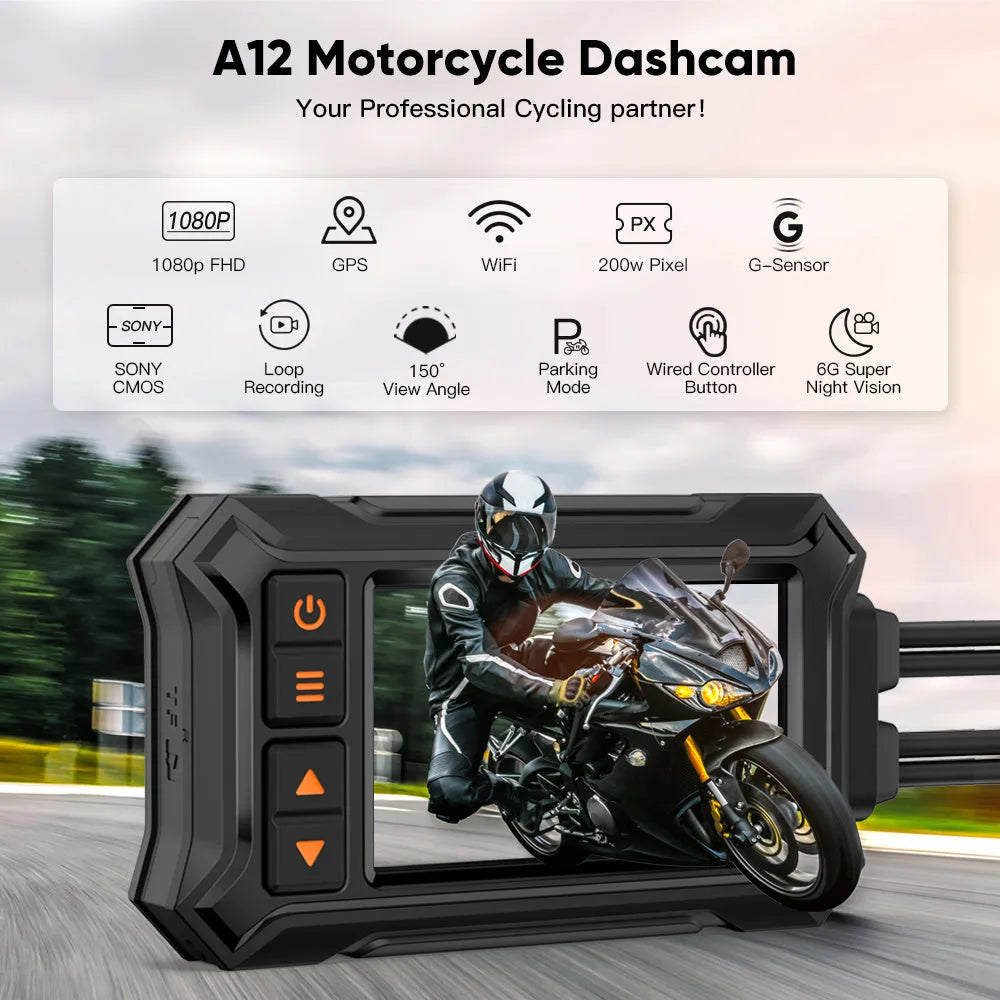 Motorcycle tachograph with dual lenses, GPS module, and waterproof housing, measuring 120mm x 64mm x 25mm