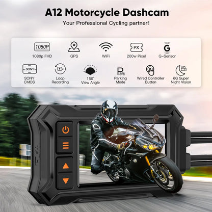 Motorcycle tachograph with dual lenses, GPS module, and waterproof housing, measuring 120mm x 64mm x 25mm