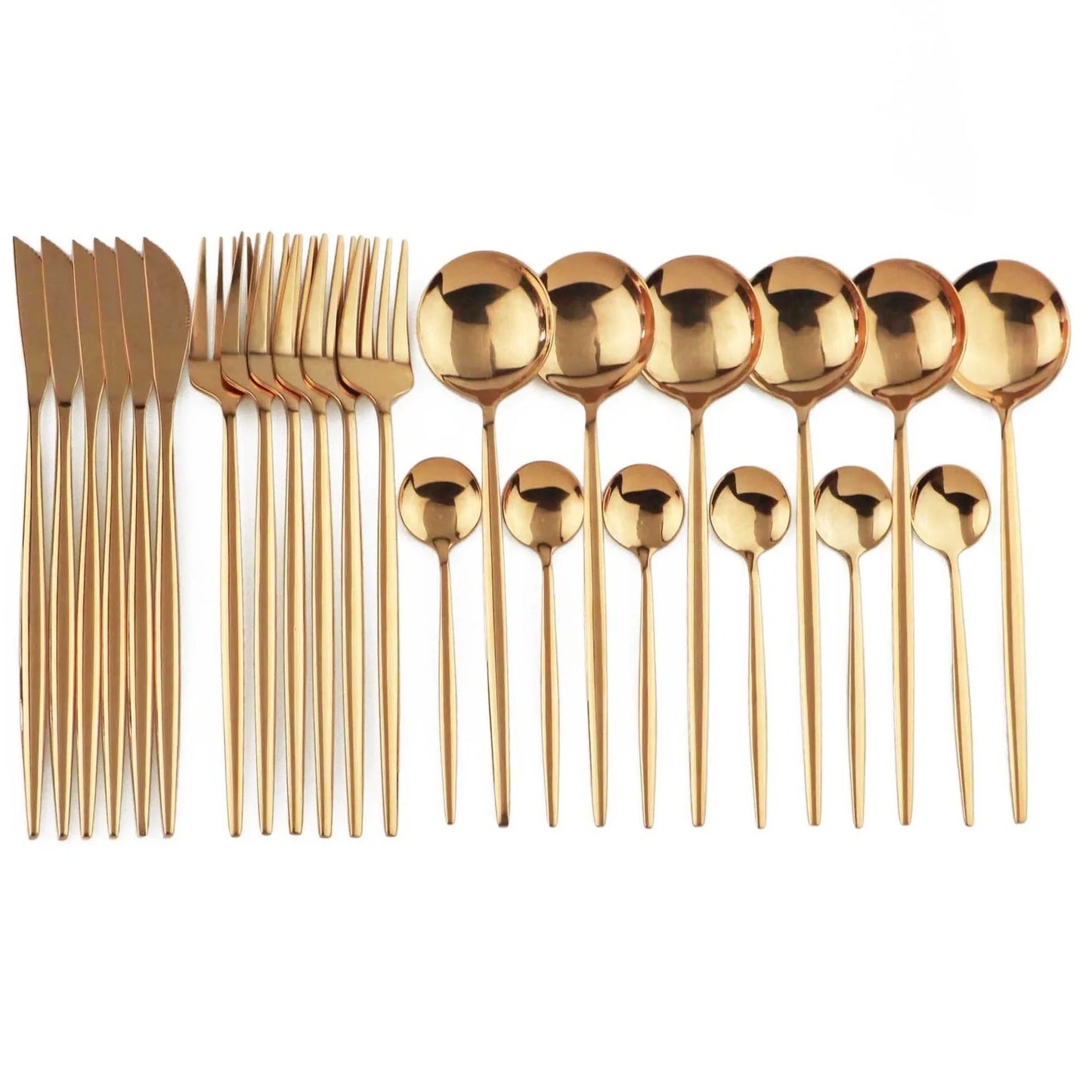 24-piece stainless steel cutlery set with mirror-polished finish showing six place settings in gold colour