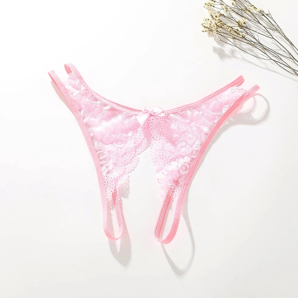 Women's lace thong panties with open crotch design in various colors