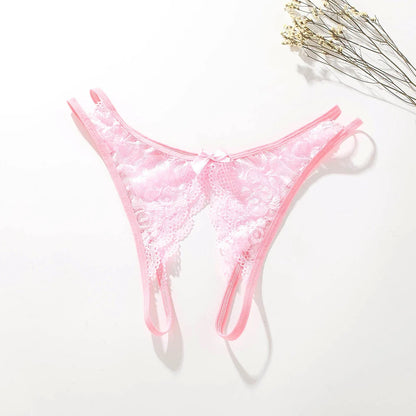 Women's lace thong panties with open crotch design in various colors