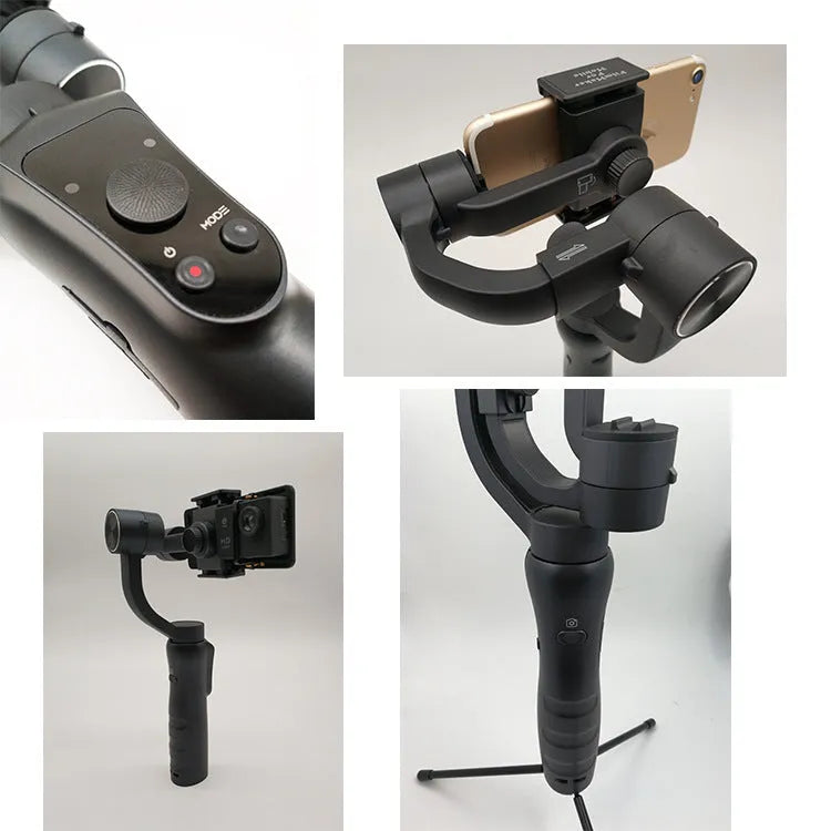 Mobile phone stabilizer 3-axis handheld gimbal featuring black plastic construction with vertical 325° and horizontal 330° rotation angles adjustable speed control for smartphones under 6.5 inches designed for indoor and outdoor use