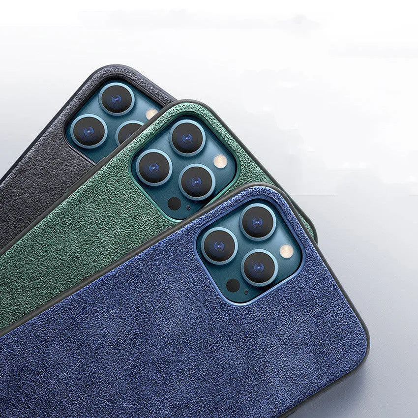Suede full-cover iPhone case in dark blue, dark night green or elegant black colours